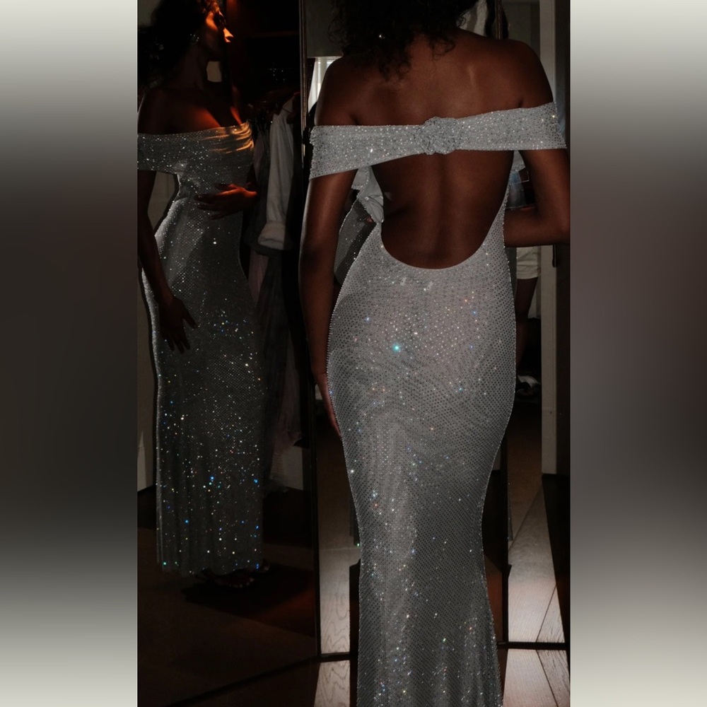 Meshki Silver Off-Shoulder Sparkle Maxi Dress